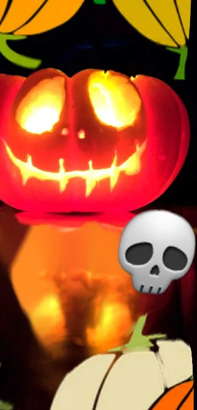 Glowing jack-o'-lantern with eerie grin and colorful reflections.