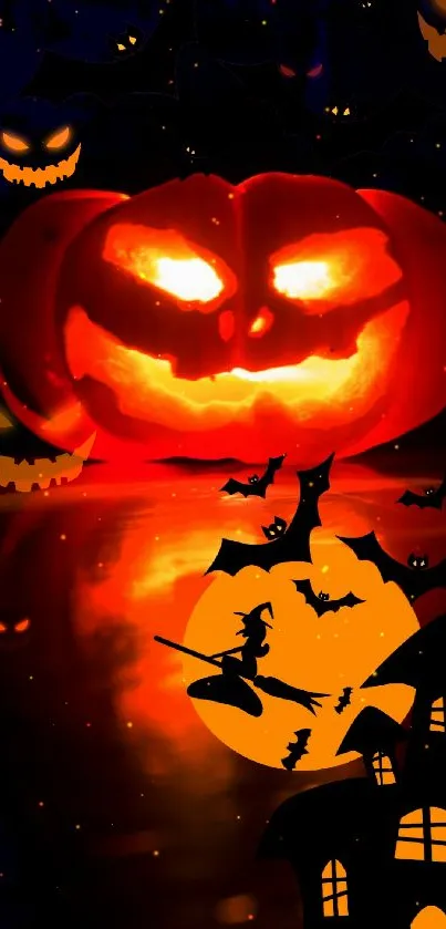 Halloween wallpaper with a glowing pumpkin, bats, and a witch silhouette.