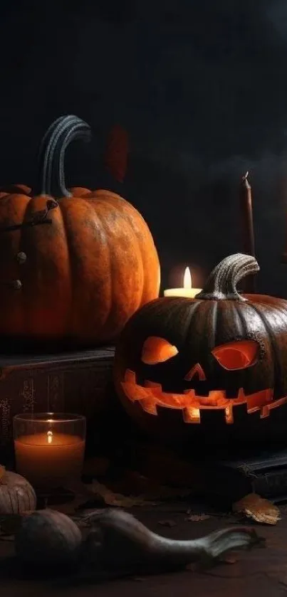 Halloween scene with glowing pumpkins and candles.