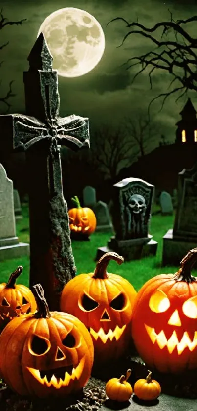 Glowing pumpkins in a spooky graveyard under a full moon.
