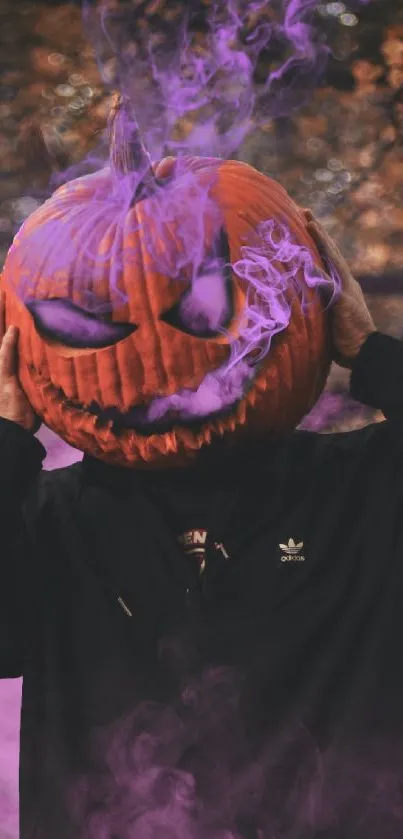 Spooky purple smoke surrounds pumpkin head Halloween wallpaper.