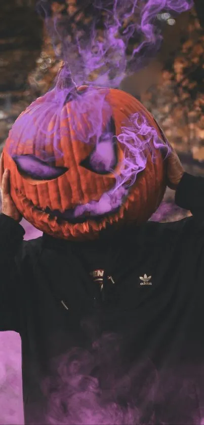 Pumpkin head figure with purple smoke.