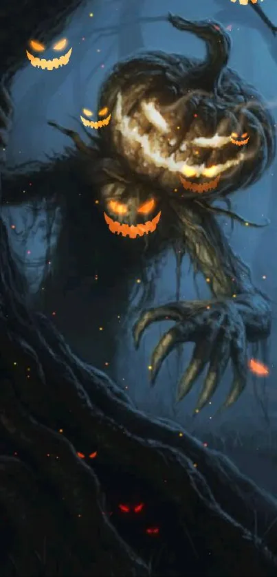 Dark spooky scene with a pumpkin-headed monster lurking in a shadowy forest.