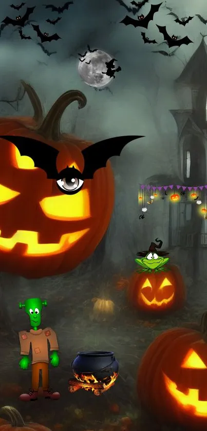 Spooky Halloween wallpaper with glowing pumpkins and bats.