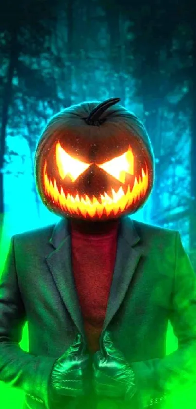 Spooky wallpaper with glowing pumpkin head in a misty, green forest background.