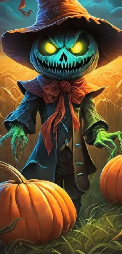 Spooky scarecrow in pumpkin field with glowing eyes for Halloween wallpaper.