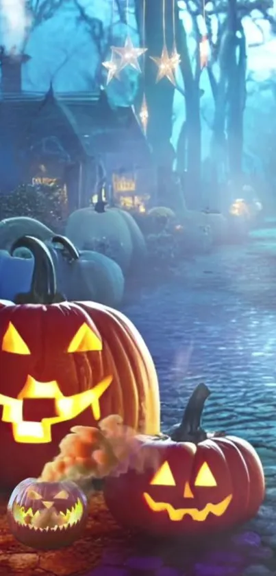 Glowing jack-o'-lanterns on misty Halloween night path.