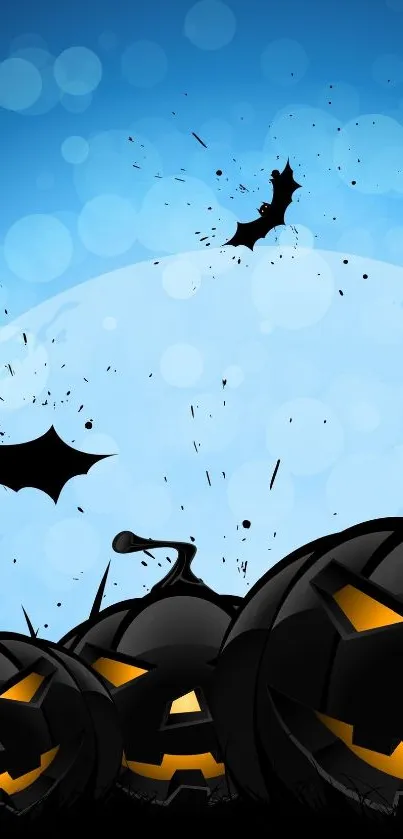 Halloween wallpaper with pumpkins, bats, and a blue night sky.