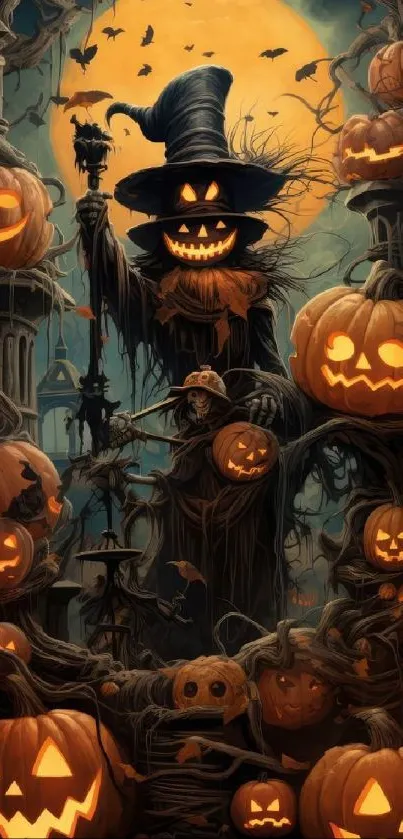 Halloween scarecrow with pumpkins under full moon.