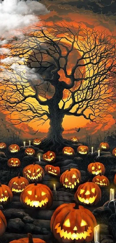 Halloween wallpaper with glowing pumpkins under a shadowy tree.