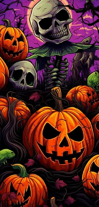 Halloween scene with pumpkins, skulls, and dark sky.