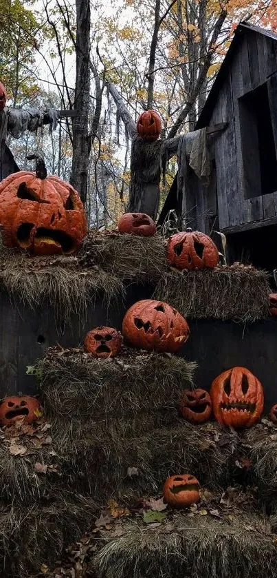 A spooky Halloween scene with carved pumpkins and a haunted house.