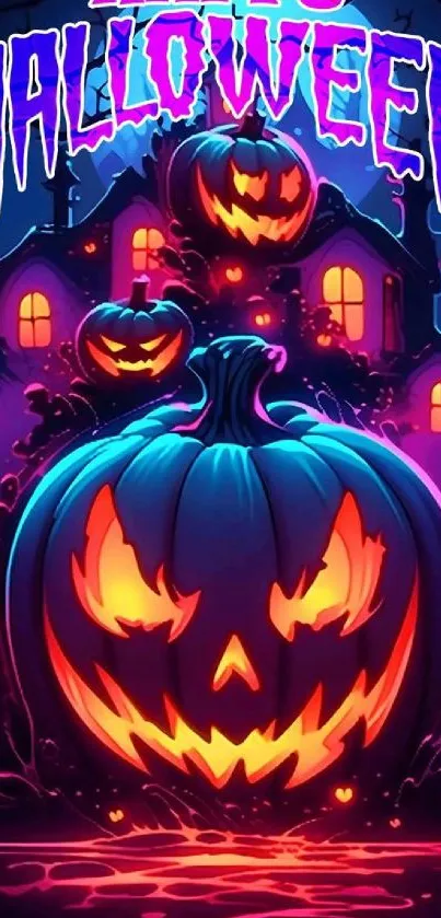 Vibrant spooky Halloween wallpaper with pumpkins and haunted house.