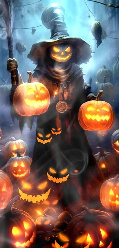 Halloween wallpaper with glowing pumpkins in a foggy forest.
