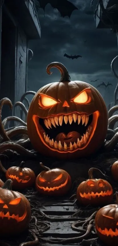 Glowing jack-o'-lanterns in a spooky, dark Halloween scene with a sinister ambiance.