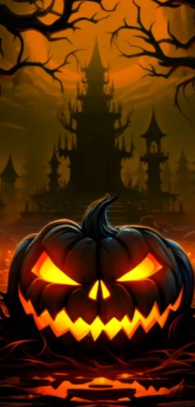 Halloween wallpaper with glowing pumpkin and haunted castle.