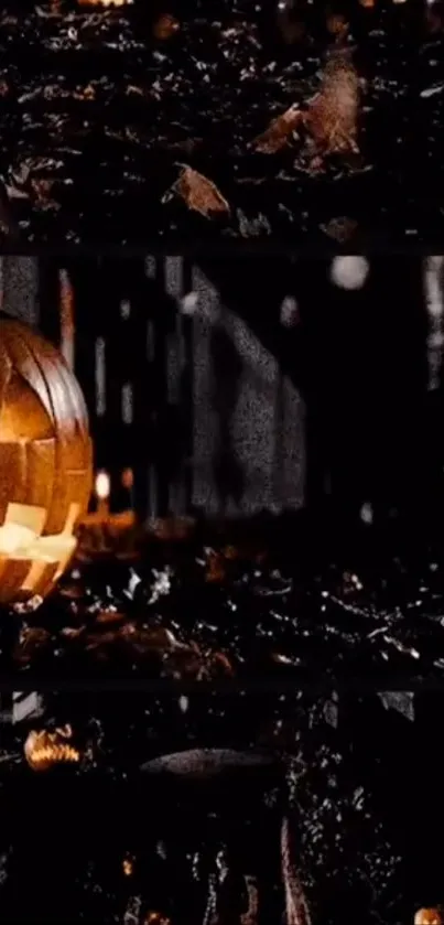 Glowing jack-o'-lantern on dark Halloween night.