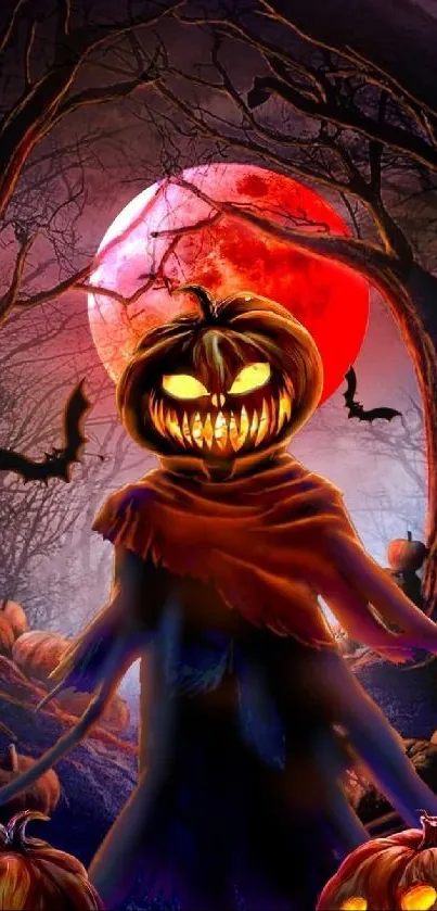 Spooky Halloween wallpaper with a pumpkin head and full moon.