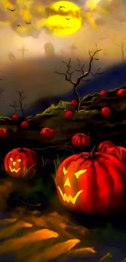 Spooky Halloween pumpkins under a glowing moonlight.