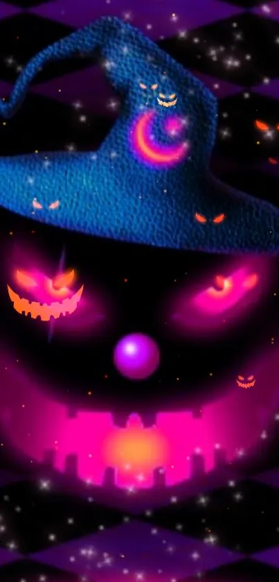 A spooky Halloween wallpaper featuring a glowing pumpkin face and witch hat on a purple background.
