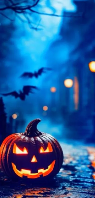 Spooky Halloween night with a glowing Jack-o'-lantern on cobblestone path.