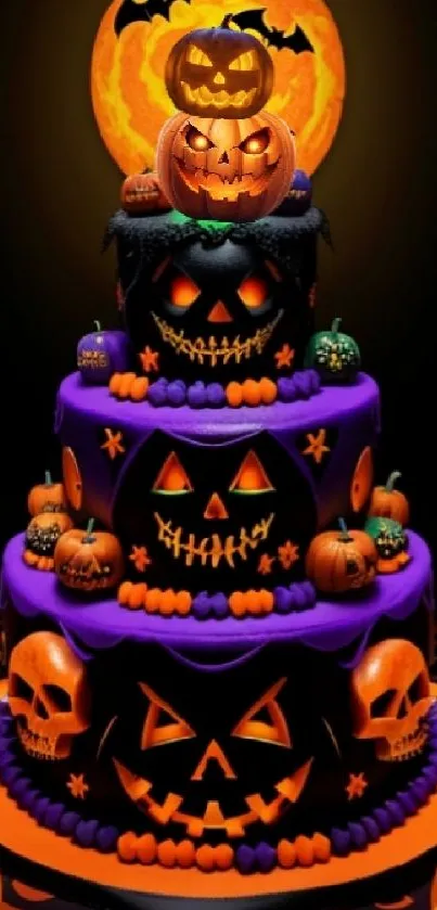 Halloween pumpkin cake under glowing moon.