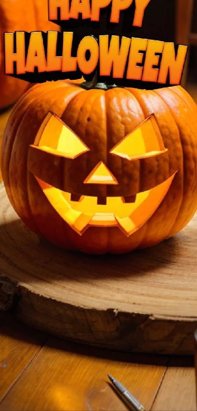 Carved pumpkin with glowing face and Happy Halloween text.
