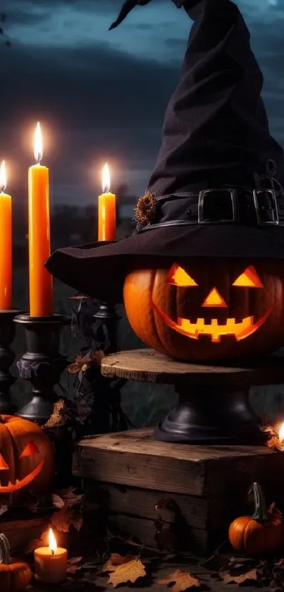 Halloween scene with glowing pumpkins and candles, creating a spooky ambiance.