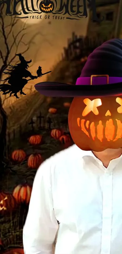 Spooky pumpkin-headed figure with witch hat in eerie Halloween setting.