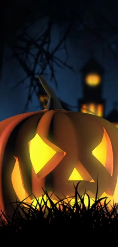 Glowing jack-o'-lantern with haunted house in the background for Halloween.