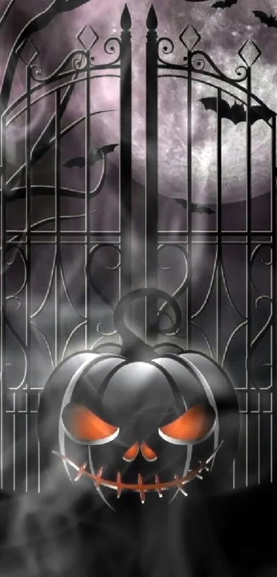 Spooky pumpkin wallpaper with bats and gate in moonlight.