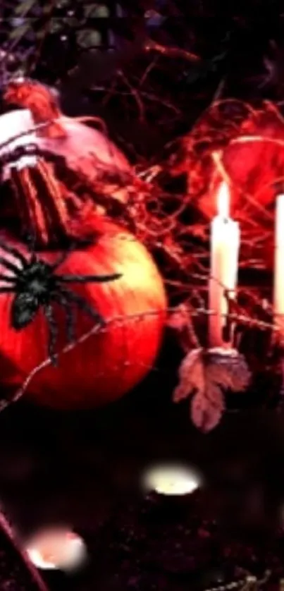 Halloween-themed wallpaper with pumpkins, candles, and spider web decor.