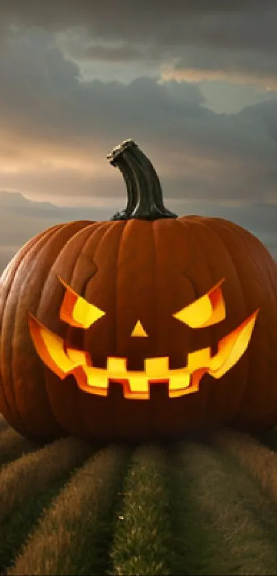 Spooky glowing jack-o'-lantern in a field under a cloudy sky.