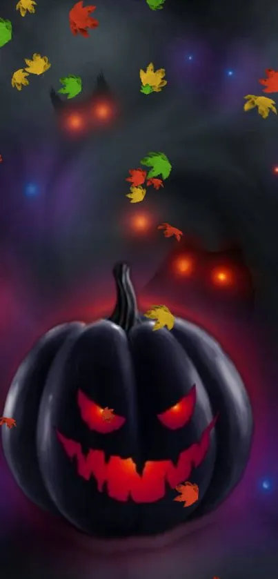 Halloween pumpkin with glowing eyes surrounded by colorful autumn leaves.