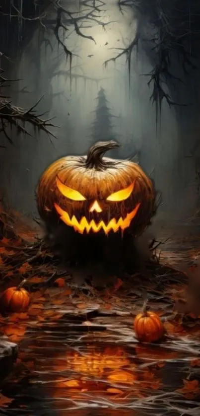 Spooky Halloween pumpkin in a dark forest scene.