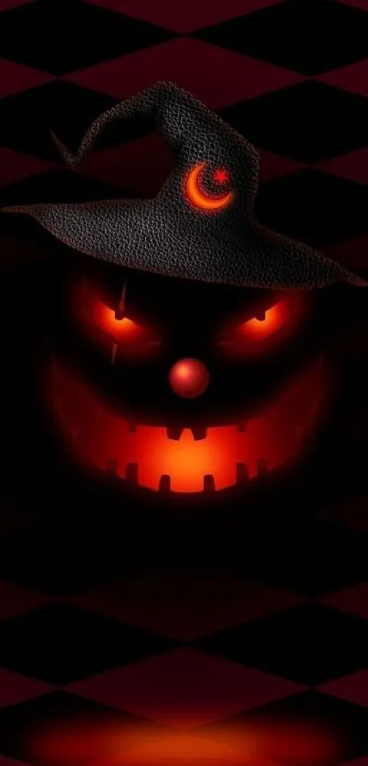 Glowing jack-o-lantern with a witch hat on a dark, patterned background.