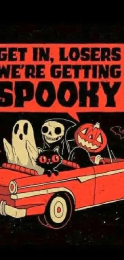 Spooky Halloween mobile wallpaper with ghosts in a red car.