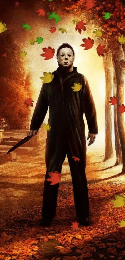 Halloween wallpaper with masked figure in an autumn forest.