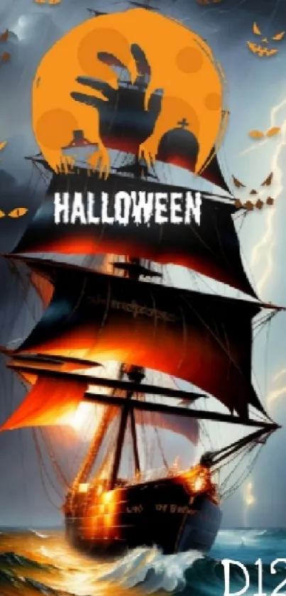 Spooky Halloween ship sailing in dark, stormy ocean under eerie sky.