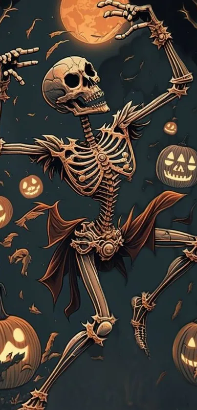 Halloween skeleton dances with pumpkins on a dark, festive wallpaper.