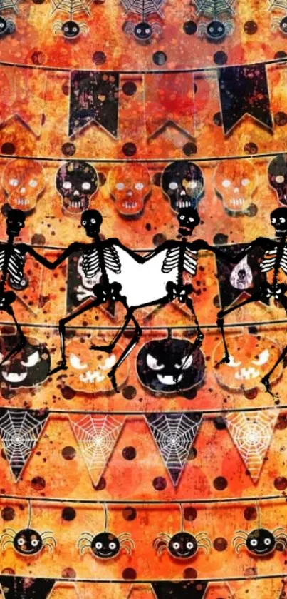 Festive Halloween wallpaper with dancing skeletons and spooky decorations.