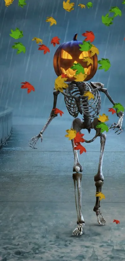 Skeleton with pumpkin head on a stormy bridge.