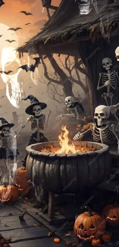 Halloween scene with skeletons, pumpkins, and cauldron.