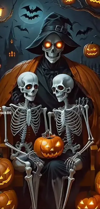 Spooky skeletons and pumpkins in Halloween theme mobile wallpaper.