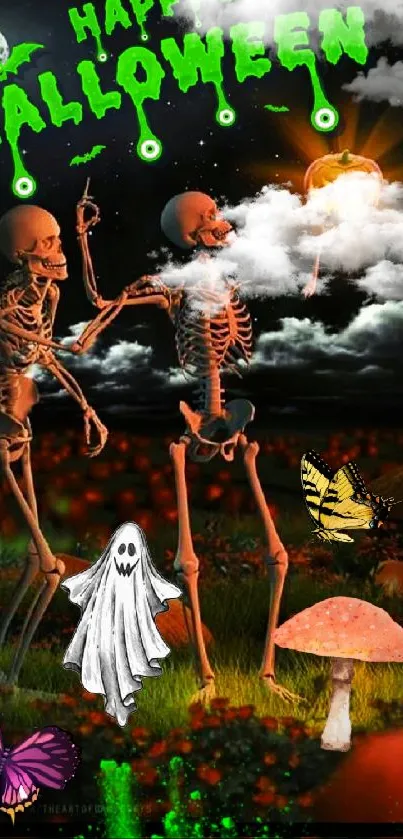 Spooky Halloween skeletons with pumpkins mobile wallpaper.