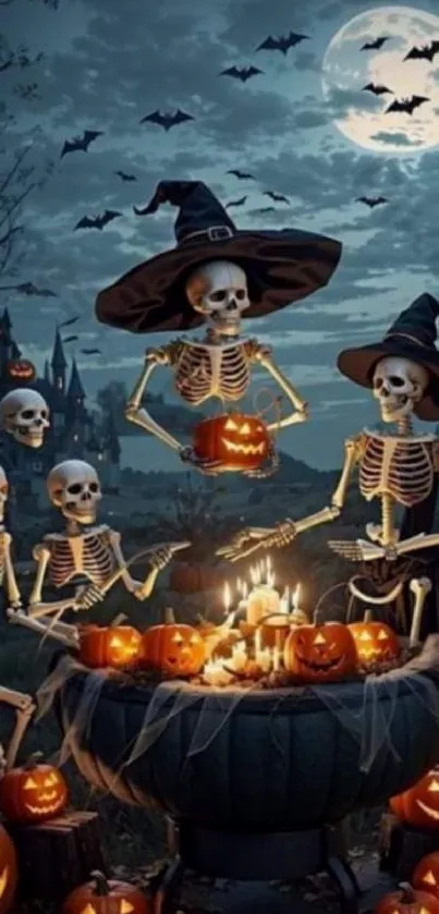 Skeletons and pumpkins under a full moon in a Halloween theme.