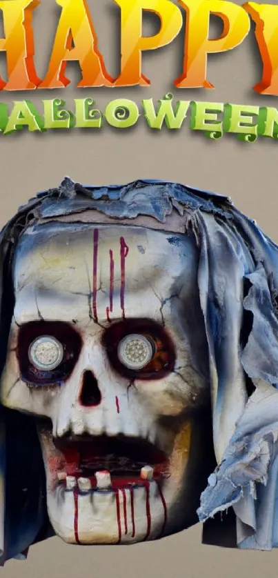 A creepy Halloween skull with blood drips and colorful 'Happy Halloween' text.