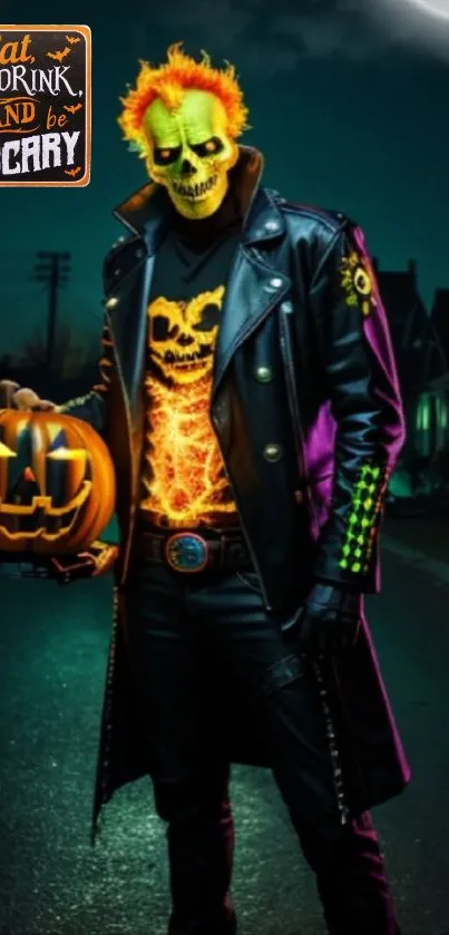 Fiery skull figure with pumpkin on dark Halloween night.
