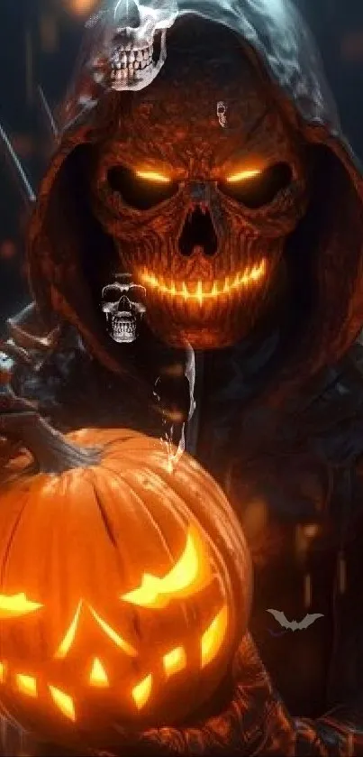 Spooky skull with glowing eyes holding a Halloween pumpkin.