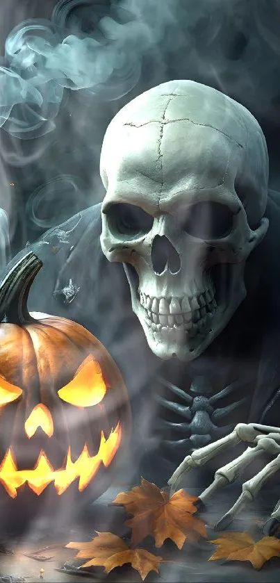 Eerie wallpaper with a skull and glowing pumpkin, surrounded by fog.